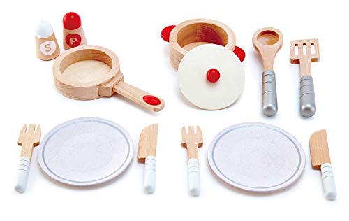 Hape Cook & Serve Set | 13 Piece Wooden Pretend Play Cooking Set with Accessories