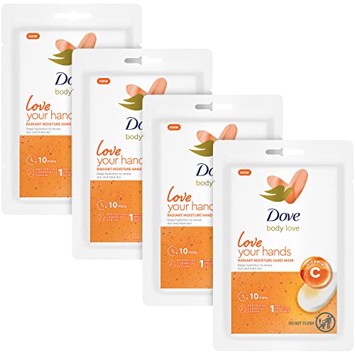Dove Radiant Moisture Hand Mask - Vitamin C Hand Repair Gloves, Dove Body Love Hand Moisturizer Gloves with Restoring Ceramide Serum for Soft Hands, Hand Masks for Dry Cracked Hands (Pack of 4)
