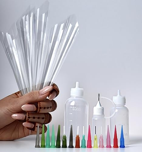 Jagua Henna Bottles Cones Set for Tattoo Body Paint, Multi Purpose Precision Applicator Kit. Heena Paste Bottle with Empty Pre-rolled Hand-rolled Cones Caps Needle Tips Sizes Beginners Mehendi