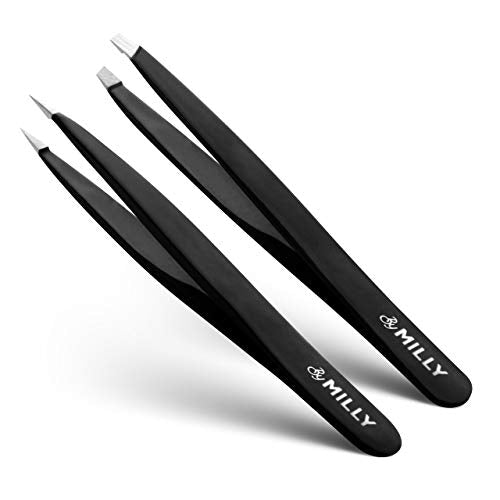 By MILLY Precision Tweezers Set | Slanted and Pointed Tip Tweezers Kit | Hammer Forged 100% German Steel | Aligned & Hand-Filed Tweezer Set Professional | Hair Removal & Eyebrow Tweezer Set | Black