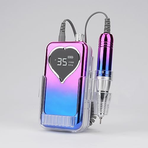 Pourcare Electric Nail Drill Machine for Acrylic Nails, 35000 RPM Electric Nail File, Portable E-File – Rechargeable Nail Drill for Home Salon Manicure Tools (Heart Sunset Blue)