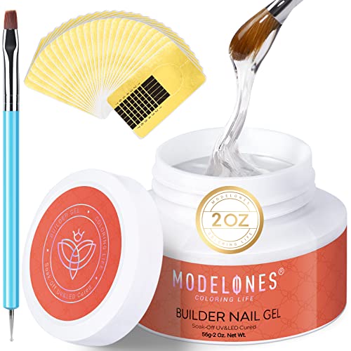 Modelones Builder Nail Gel - 2oz Clear Hard Gel for Nails, Nail Extension Gel Kit Acrylic Gel Nail Strengthen Gel Nail Art Manicure Set with 100PCS Nail Forms and Dual-use Brush DIY at Home