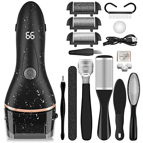 Electric Foot File Callus Remover for Feet, Rechargeable Foot Care Pedicure Kit, Professional Foot Spa Kit for Remove Cracked Heels Calluses & Dead Skin with 3 Roller Heads, 3 Speed, LCD Display