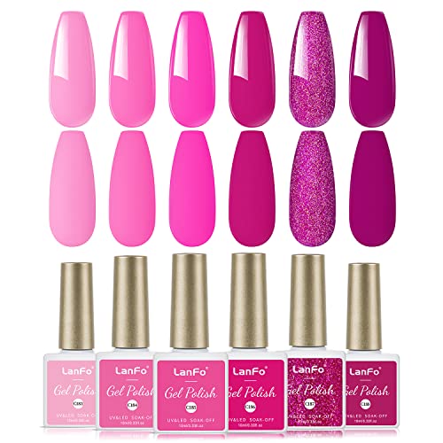 LanFo Gel Nail Polish Set, Hot Pink Dark Purple Gel Polish Glitter for Spring Summer UV LED Soak Off DIY Nail Art Manicure at Home
