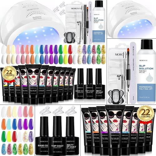 Morovan Poly Gel Nail Kit - 22 Colors Poly Nail Gel Kit with 48W LED Nail Lamp Poly Nail Extension Gel Kit with Slip Solution and Matte Top Base Coat Poly Gel Nail Kit for Salon Nails DIY Starter Kit
