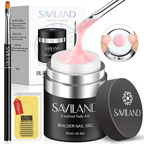 Saviland Builder Nail Gel Kit, Sheer Pink Hard Gel Nail Extension Gel with Air Cushion Design, Builder Base and Nail Strengthener Gel Nail Art Manicure Set with 100PCS Nail Form and Acrylic Nail Brush
