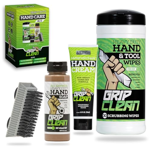 Grip Clean - Hand Care Kit - Heavy Duty Hand Cleaner kit and Gift Set for Dirty Hands - Dirt-Infused Liquid Hand Soap & Waterless Hand Wipe & Moisturizing Hand Cream & Fingernail Scrub Brush