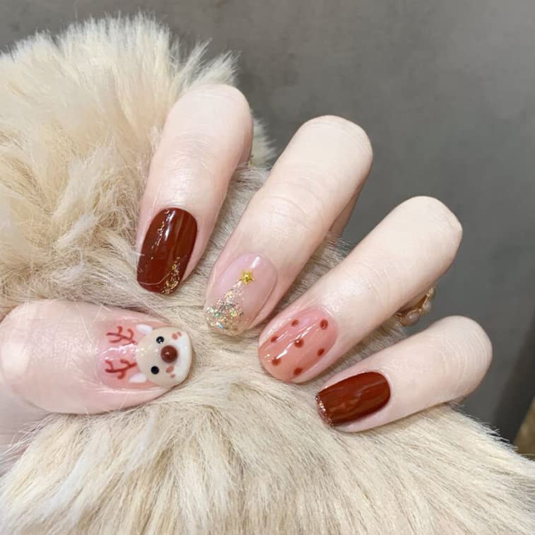 Light Rain Christmas Press on Nails - Reindeer, 3D Handmade Reusable Gel UV Finished Red and Pink Bling False nails, Hand-Painted with Design by Professional Manicurist, Short Square, Small Size