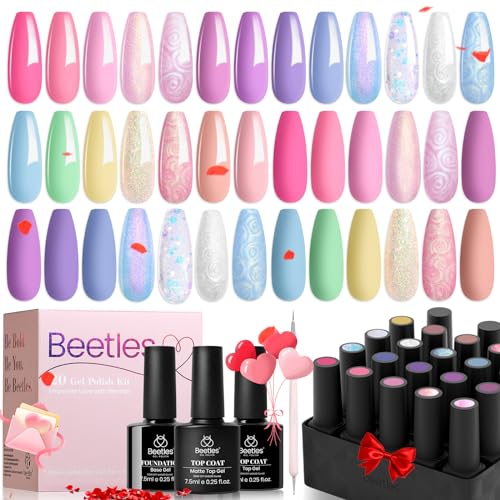 Beetles Gel Nail Polish, 20 Colors Pastel Pink Blue Purple Chameleon Glitter Spring Gel Polish Manicure Starter Kit with 3Pcs Base Matte & Glossy Top Coat and Double-ended Brush