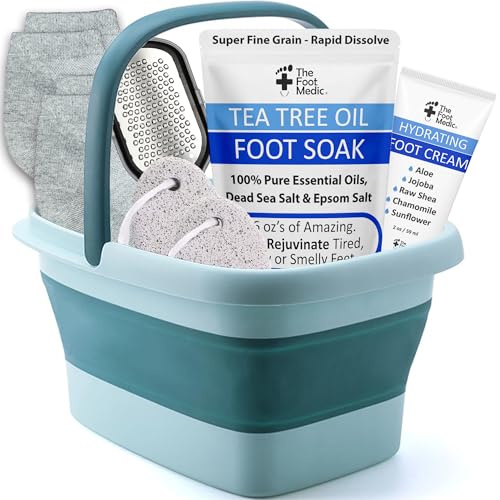 Collapsible Foot Bath Soaking Basin Tub Set: Pedicure Foot Soak, Foot File, Foot Cream, 2 Pumices, 2 Pairs Moisturizing Socks, Foot Care Gift, Foot Spa Kit Bucket