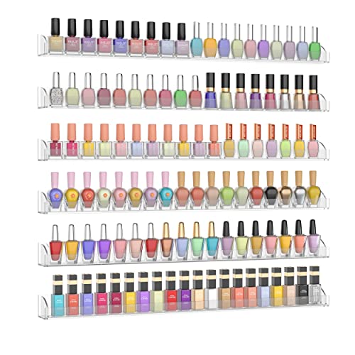 Hexsonhoma 24 Inch Clear Nail Polish Wall Rack with Removable End Caps Set of 6, Acrylic Nail Polish Organizer Wall Mounted,Nail Polish Sorage Shelves for 150 Bottles (24 Inch)