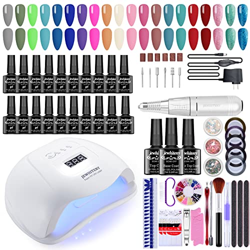 JEWHITENY 20 Colors Gel Nail Polish Kit With U V Light Electric Nail Drill, 120W Nail Lamp Base Top Coat Matte Top Coat Gel Polish Kit Nail Art Manicure Tools Gift Set
