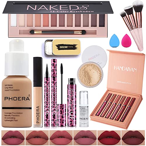 All In One Makeup Kit,12 Colors Eyeshadow Palette,PHOERA Foundation,6 Colors Lipstick Set,PHOERA Primer Powder Concealer Contour,Eyebrow Soap,Waterproof Eyeliner and Mascara, Makeup Brush Set