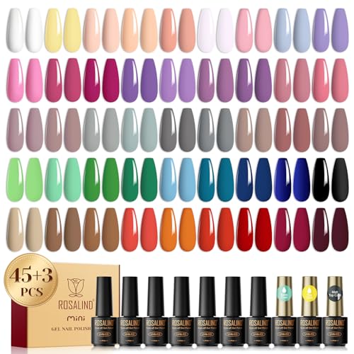 ROSALIND 48PCS Gel Nail Polish Set, 45 Colors White Pink Gel Polish Gold Glitter Set Glitter Nail Gel Polish Pink Colors with Glossy & Matte Top Base Coat Gift for Women Girl