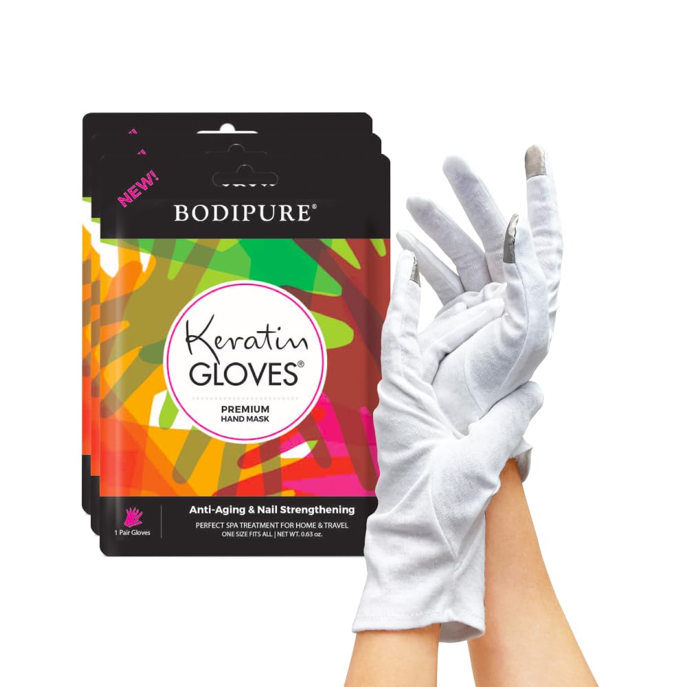 Bodipure Premium Keratin Gloves(3pk) Plus Touchscreen Cotton Gloves(1pk) - Hand Masks with Keratin and Niacinamide Serum for Nail Strengthening and Dry Cracked Hands - Long-lasting Moisturizing Gloves