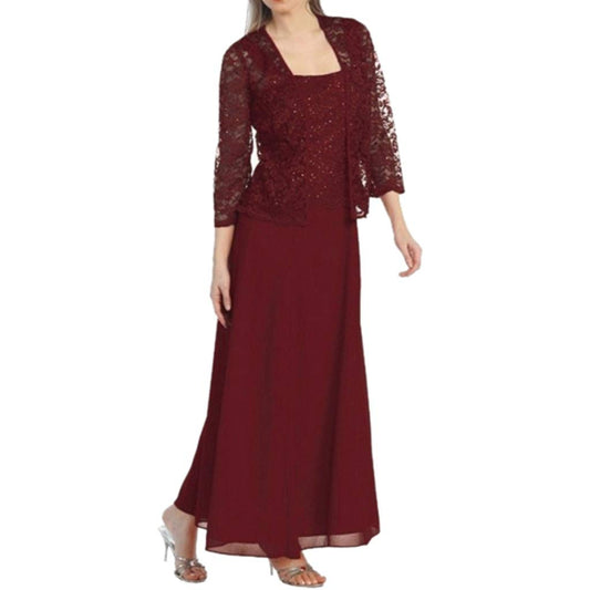 Aniywn Women Plus Size Two Piece Long Sleeve Party Dress Lace Solid Color Elegant Long Maxi Dress Mini Dress