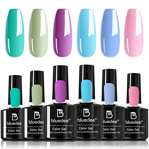 Bluedee Gel Nail Polish-Gel Nail Polish Kit,UV Soak-off Nail Gel Home DIY Manicure,6Pcs/Set Summer Series Mint-Green Light-Purple Baby-Blue Light-Pink,Gel Nail Kit for Starter