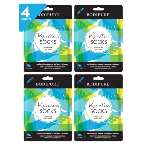 Bodipure Premium Keratin Foot Mask Socks | at Home Spa Moisturizer Socks for Dry Cracked Feet, Callus & Heel Softening | Easy-to-Use Pedicure Foot Repair | Chemical-Free Feet Treatment | 4 Pairs