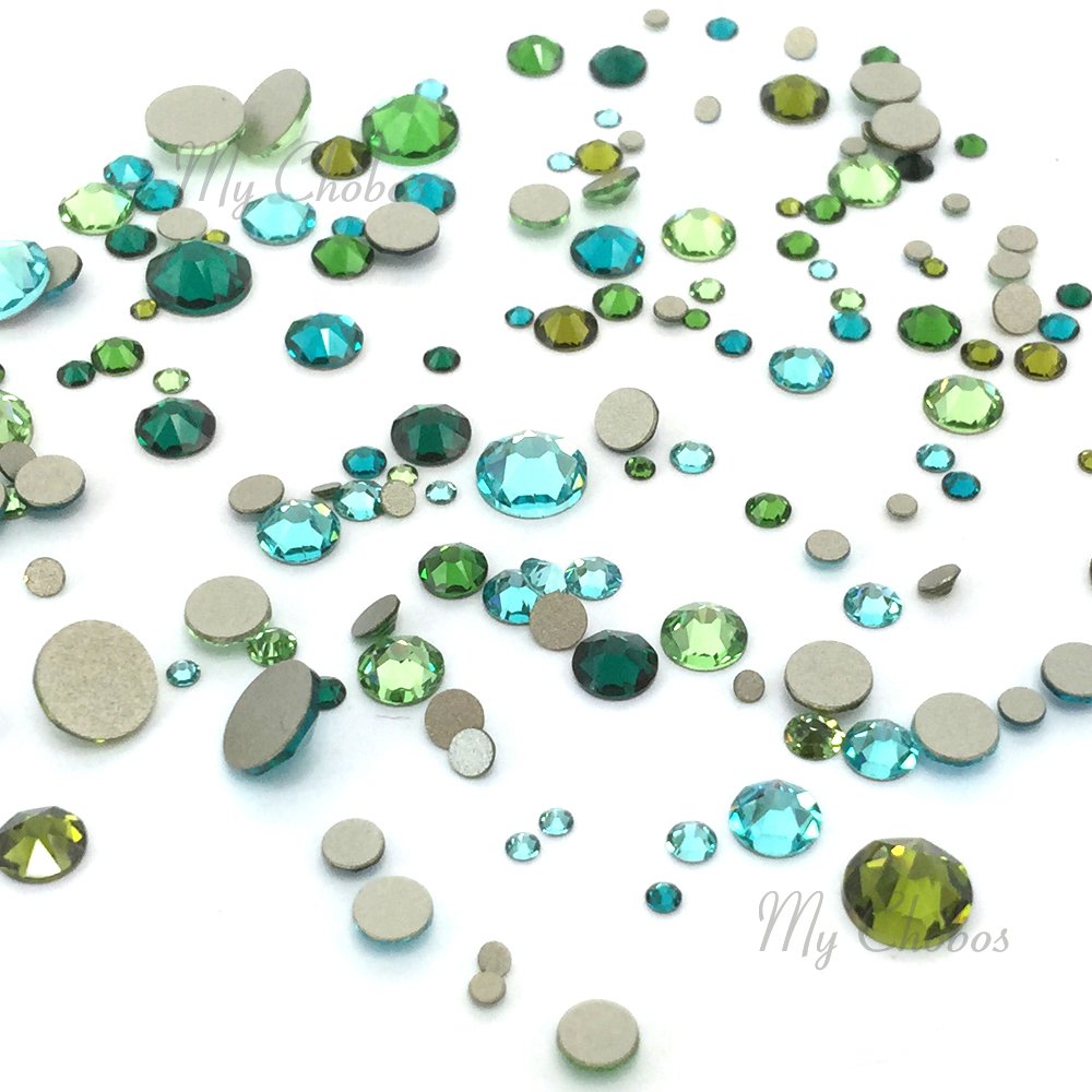 GREEN & TEAL Colors mixed with Swarovski 2058 Xilion / 2088 Xirius Rose flatbacks sizes ss5, ss7, ss9, ss12, ss16, ss20, ss30 No-Hotfix rhinestones nail art 144 pcs (1 gross) from Mychobos