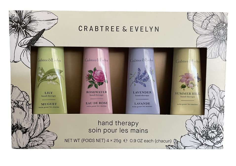Crabtree & Evelyn Hand Therapy 4 pack (Summerhill, Lavender, Rosewater, and Lily) .9oz Each