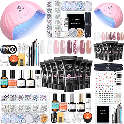 Modelones Poly Nail Gel Kit 8 Rosy Pink Colors with 48W LED Nail Lamp Poly Extension Gel Complete Nail Art Tools Professional Starter Manicure Kit Supplies Rhinestone GlittersBeauty Gift DIY at Home