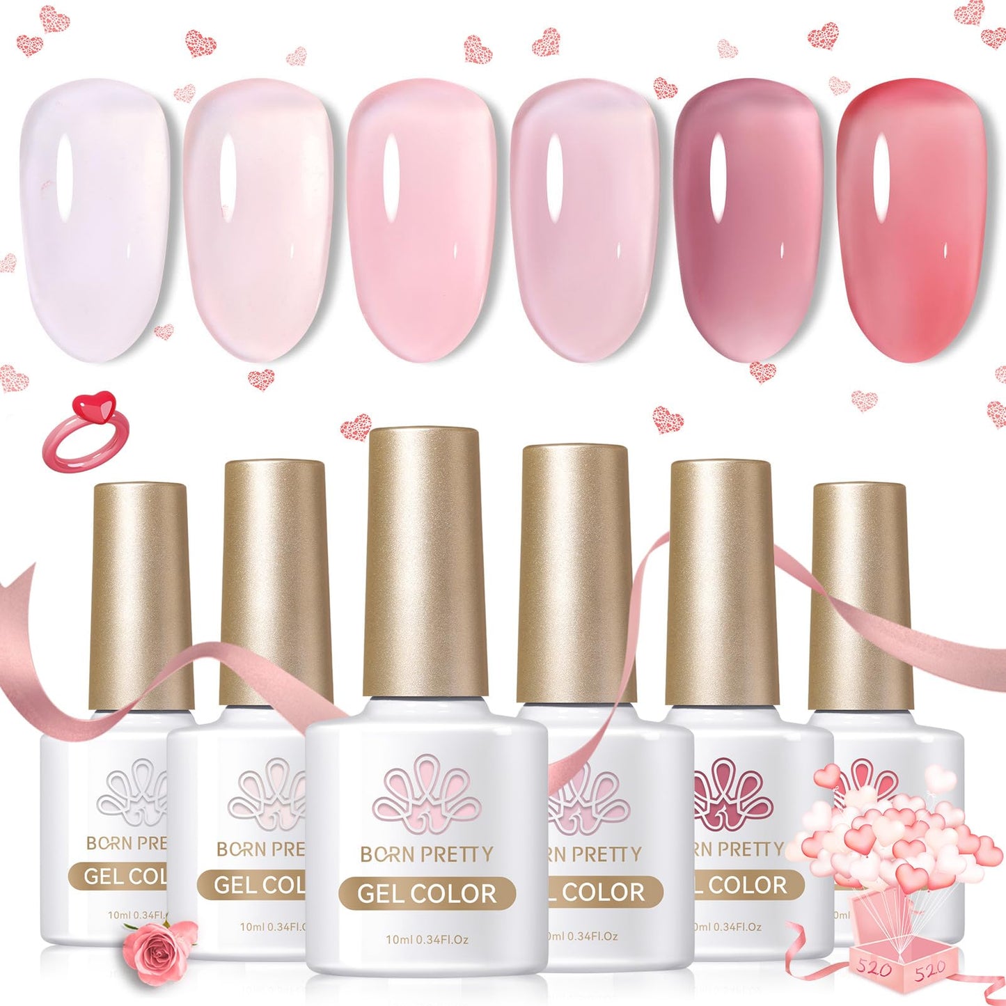 Born Pretty Jelly Gel Nail Polish Sheer Pink Gel Nail Polish Crystal Transparent Milky Gel Polish Kit Nail Art Varnish Collection Valentine's Day Gift Set 10ML 6PCS