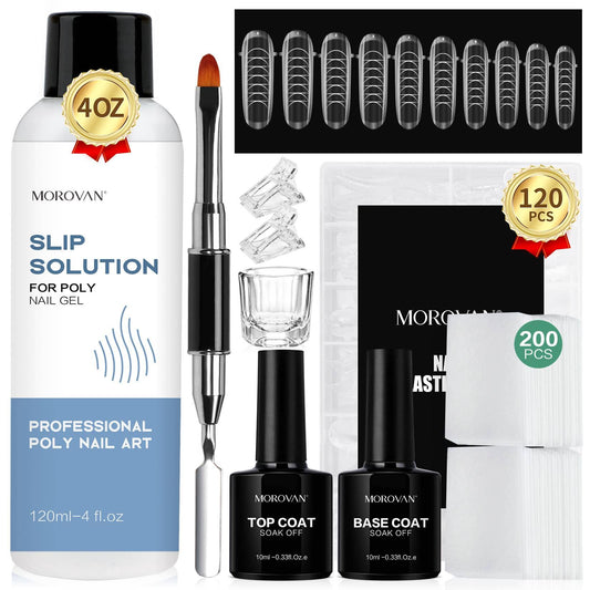 Morovan Poly Gel Slip Solution - 4oz Slip Solution for Poly Gel Nails Nail Anti-Stick Extension Gel Slip Solution Kit with Base Coat Top Coat Nail Cleaner Dual Nail Forms Poly Gel Nail Slip Solution