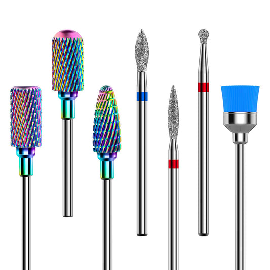 MelodySusie Nail Drill Bits Set, 7pcs Tungsten Carbide Diamond Nail Drill Bits for Acrylic Nails Poly Gel Cuticle Remove, 3/32'' Professional Nail Bits for Nail Drill Efile, Manicure Pedicure Tools