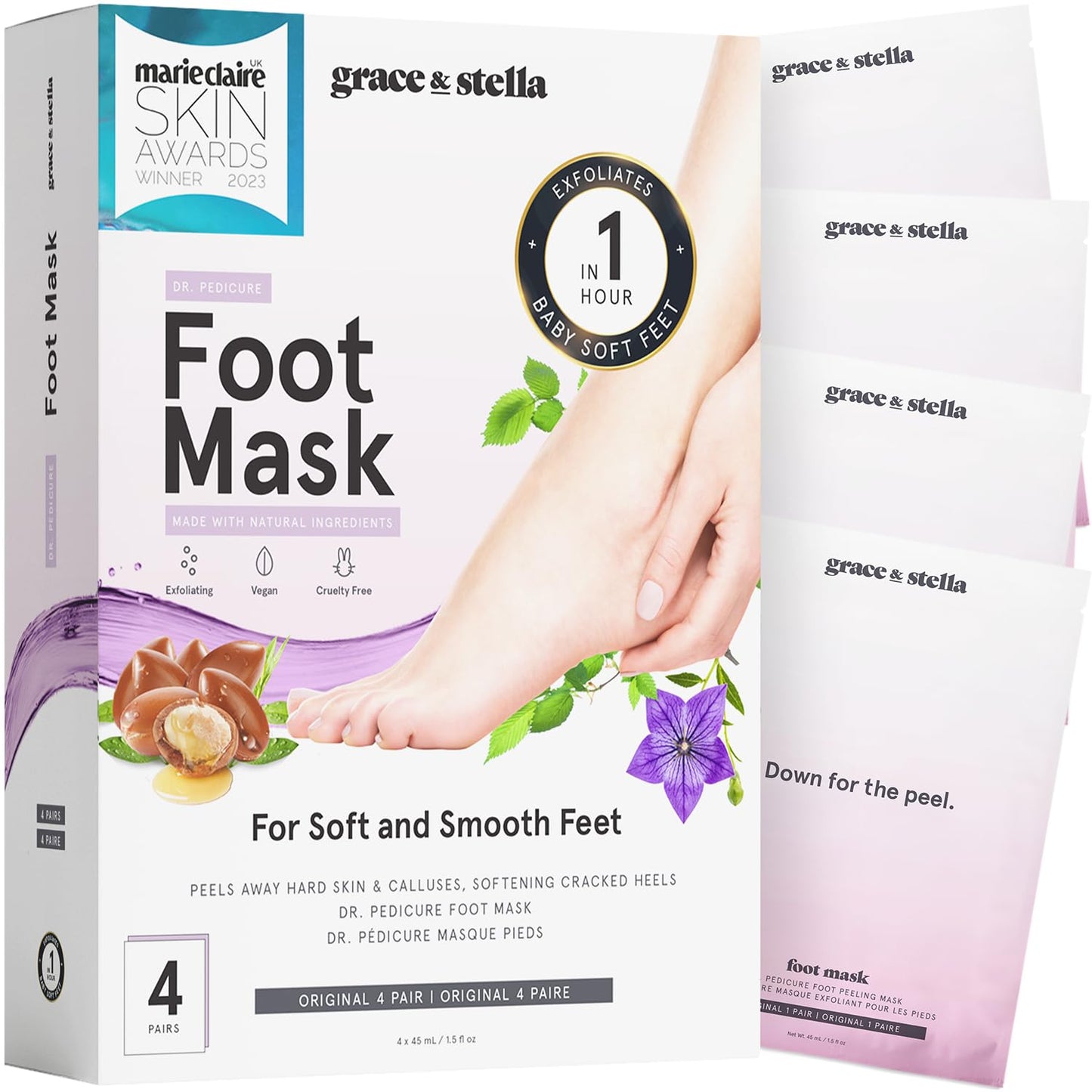 Grace & Stella Award-Winning Foot Peeling Mask - Foot Peel Masks (4 Pairs, Unscented) - Moisturizing Foot Masks That Remove Dead Skin, Exfoliating Foot Mask for Dry Cracked Feet, Feet Peeling Mask