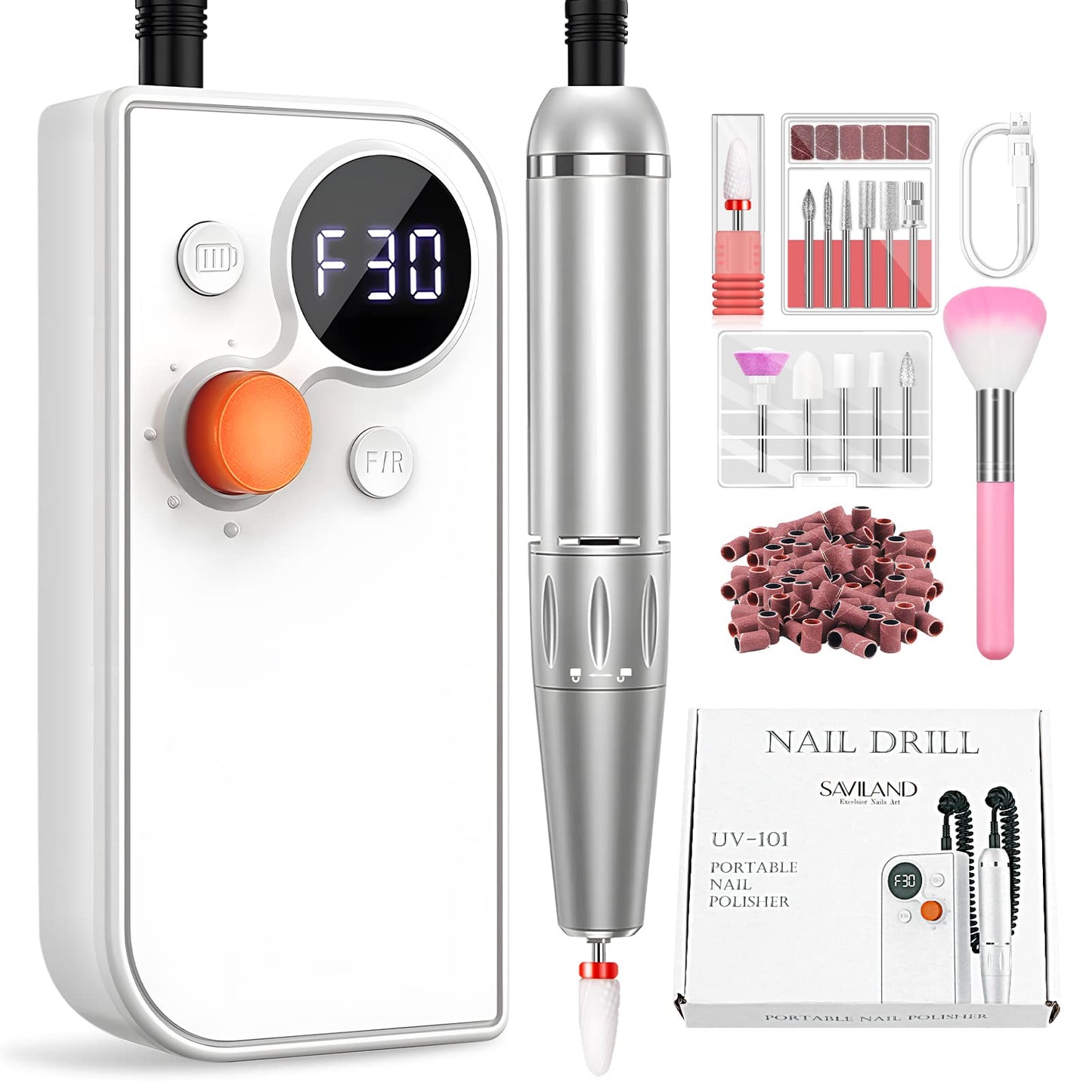 Saviland Electric Nail Drill - 30000RPM Rechargeable Nail Drills for Acrylic Nails Professional Electric Nail File with 12 PCS Nail Drill Bits, Manicure Pedicure Kit for Salon Home Use, White