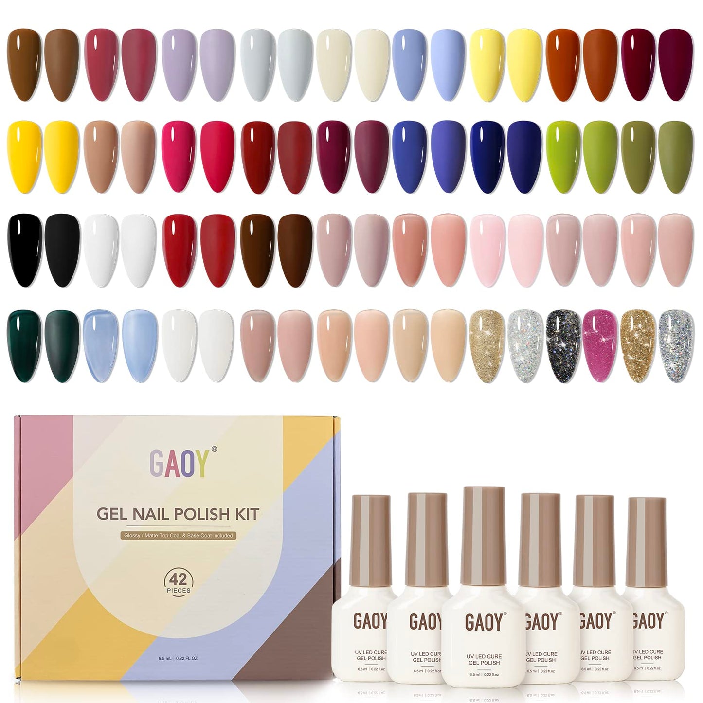GAOY 42 Pcs Gel Nail Polish Kit, Black Brown Red Glitter Jelly Colors All Seasons Gel Nail Polish Set with Glossy & Matte Top Coat and Base Coat for Nail Art DIY at Home