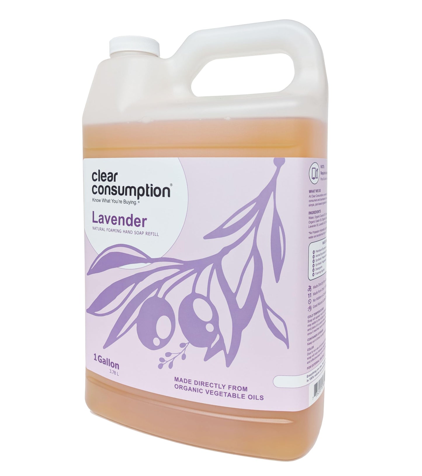 Clear Consumption All Natural Lavender Plant-Based Foaming Hand Soap Refill - Made Directly from Organic Vegetable Oils, 1 Gallon