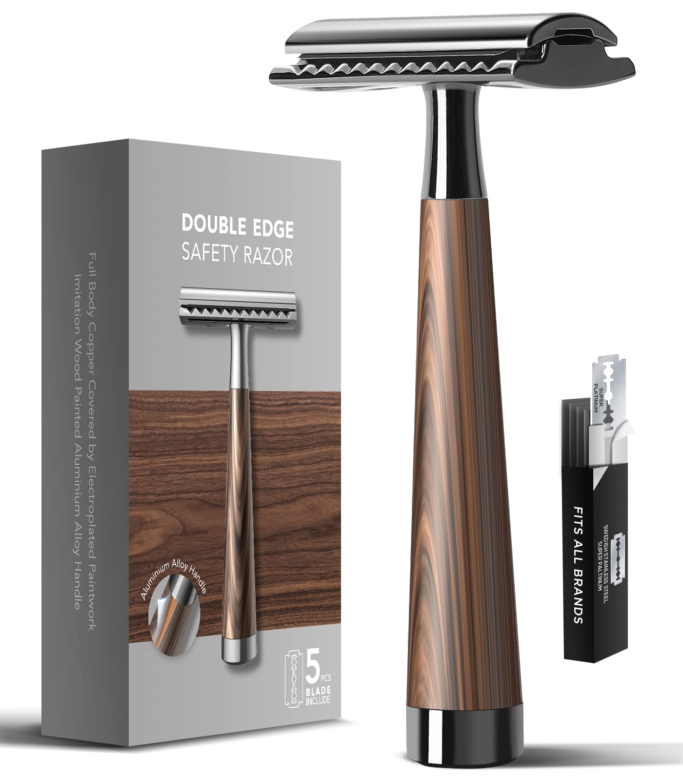 Double Edge Safety Razor, Faux Wood Zinc Alloy Handle Razor with 5 Swiss Stainless Steel Blades, Heavy Duty Eco-Friendly Razor for Shaving, Gift Packed