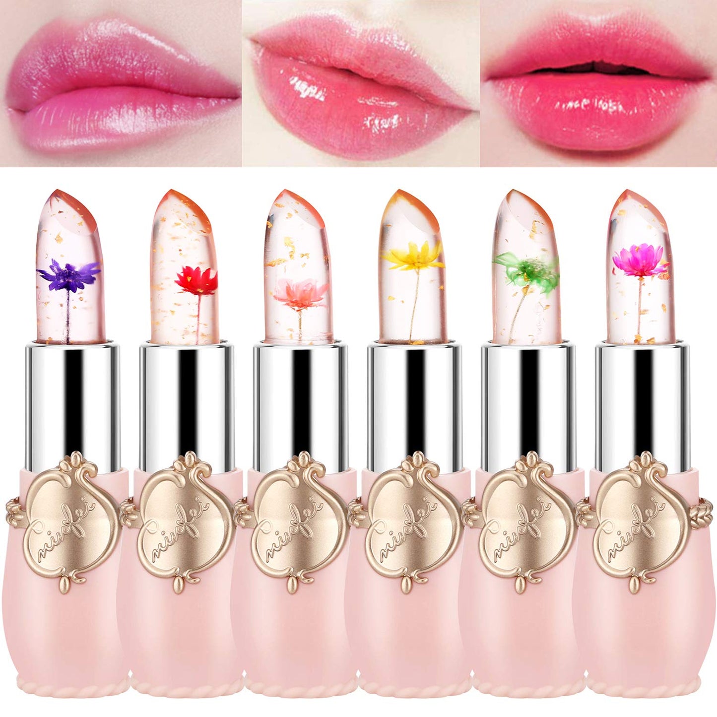 Eakroo Flower Lip Gloss Crystal Jelly Lipstick, 6 Packs Long Lasting Nutritious Lip Balm Lips Moisturizer Magic Temperature Color Change Lipgloss (pink)