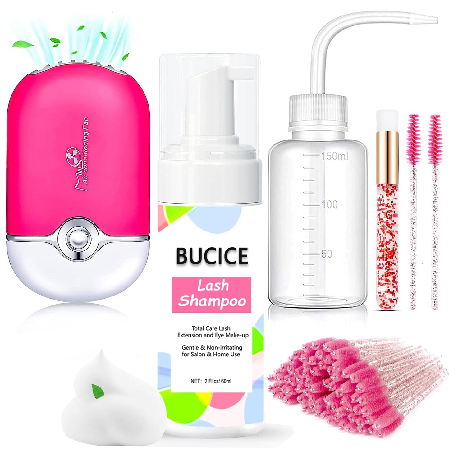 BUCICE Lash Shampoo for Extensions - Complete Lash Cleaning Kit with Fan Dryer and Cleanser - Eyelash Extension Aftercare Kit, Rose
