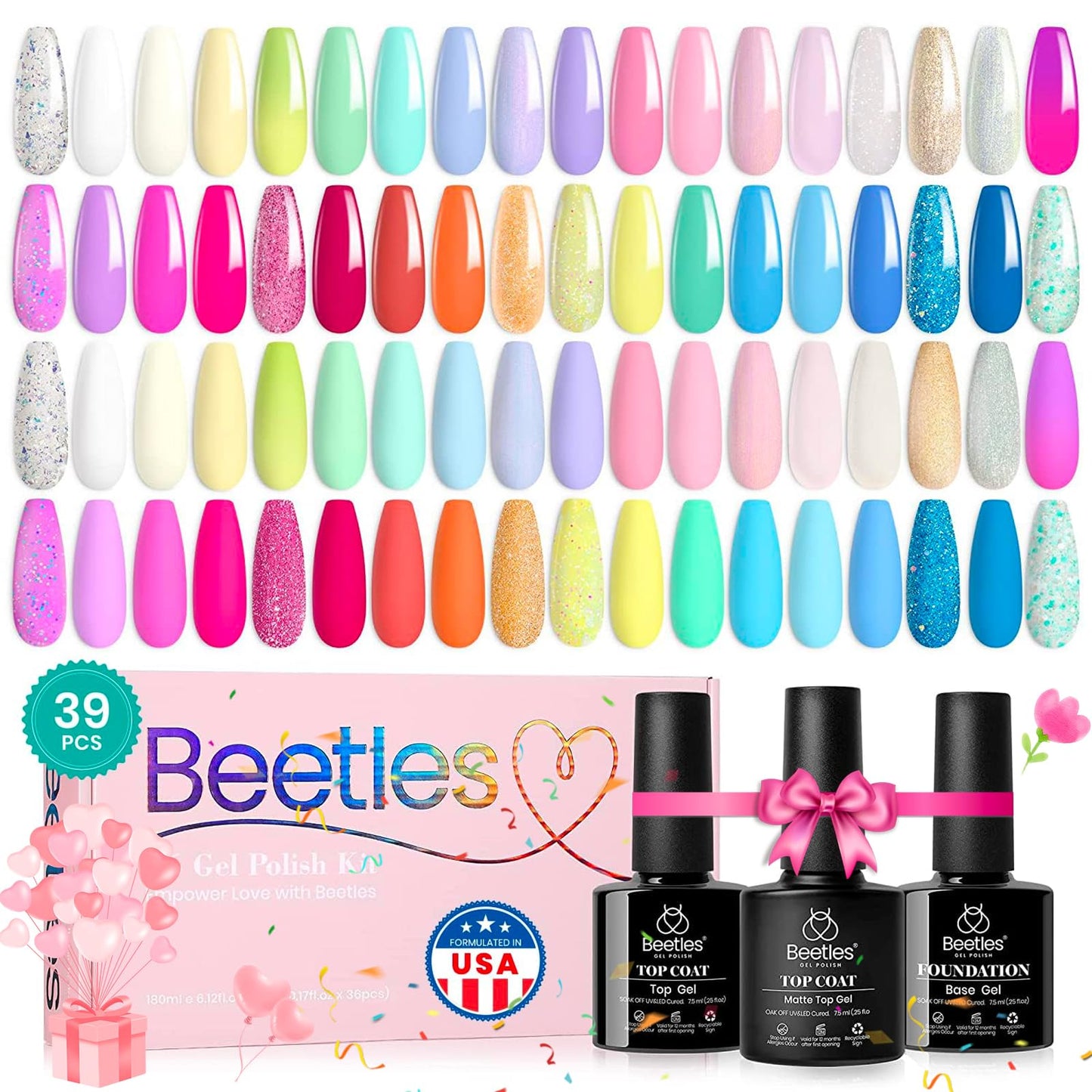Beetles Pastel Gel Nail Polish Kit 39 PCS Pink Blue Glitter Nail Polish Set with Base Gel Glossy & Matte Top Coat Soak off Uv LED Lamp Valentine Gift Spring Nail Art DIY Home Valentine's Nail Polish
