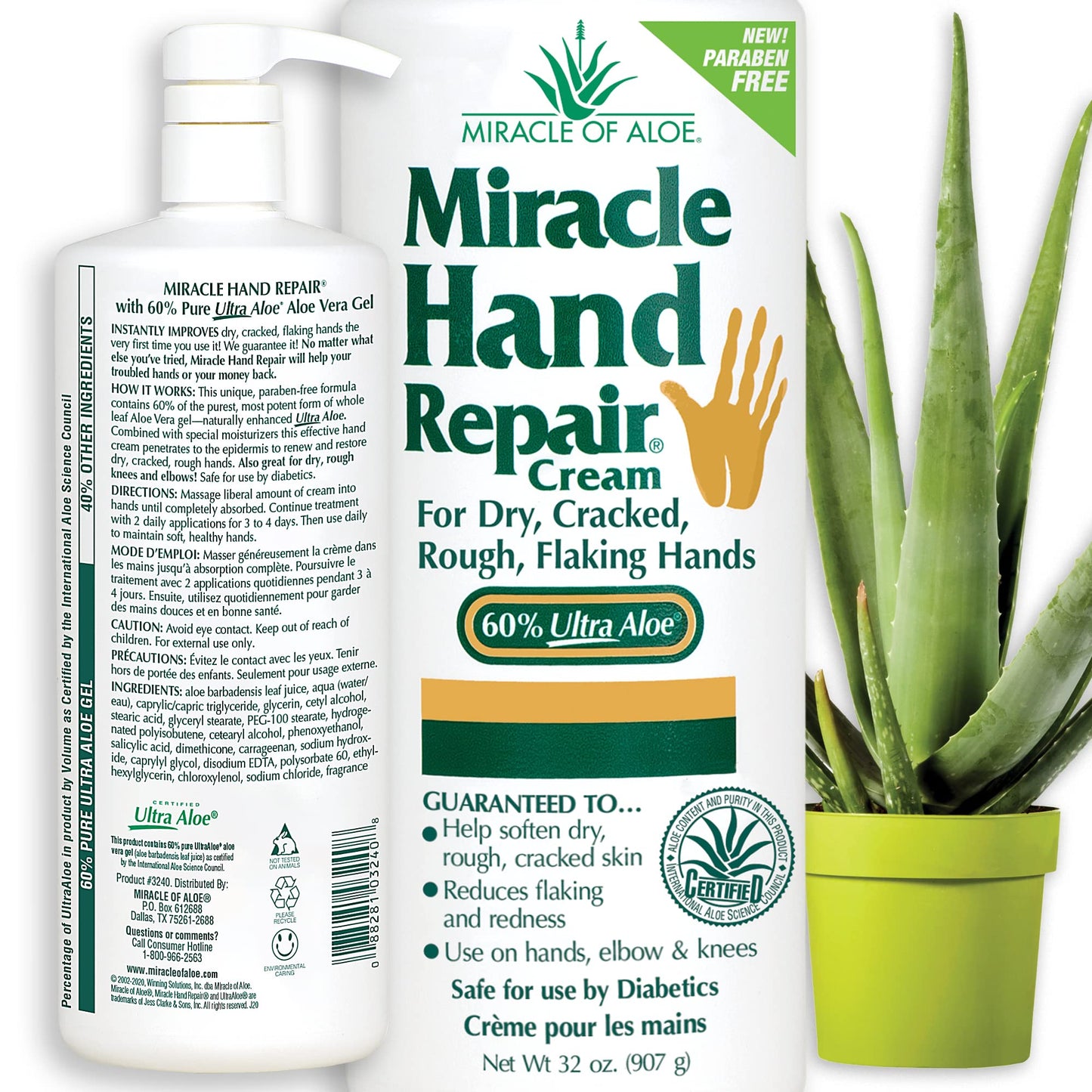 Miracle of Aloe Miracle Hand Repair Cream 32 oz Healing Aloe Vera Lotion for Dry, Cracked Hands with 60% Ultra Aloe Gel - Moisturizes, Softens, and Repairs - Non-Greasy, Lightly Scented