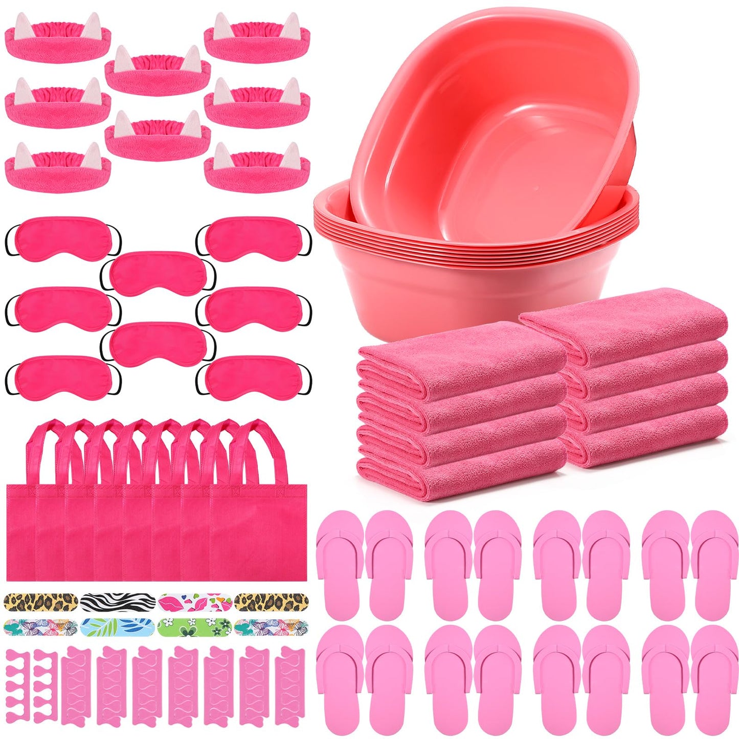 Jeyiour 72 Pcs Spa Party Supplies for Girls Include 8 Hand Towels 8 Washbasin 16 Toe Separators 8 Tote Bags 8 Hairbands 8 Disposable Slippers 8 Eye Mask 8 Nail File for Spa Party Favors Rose Red
