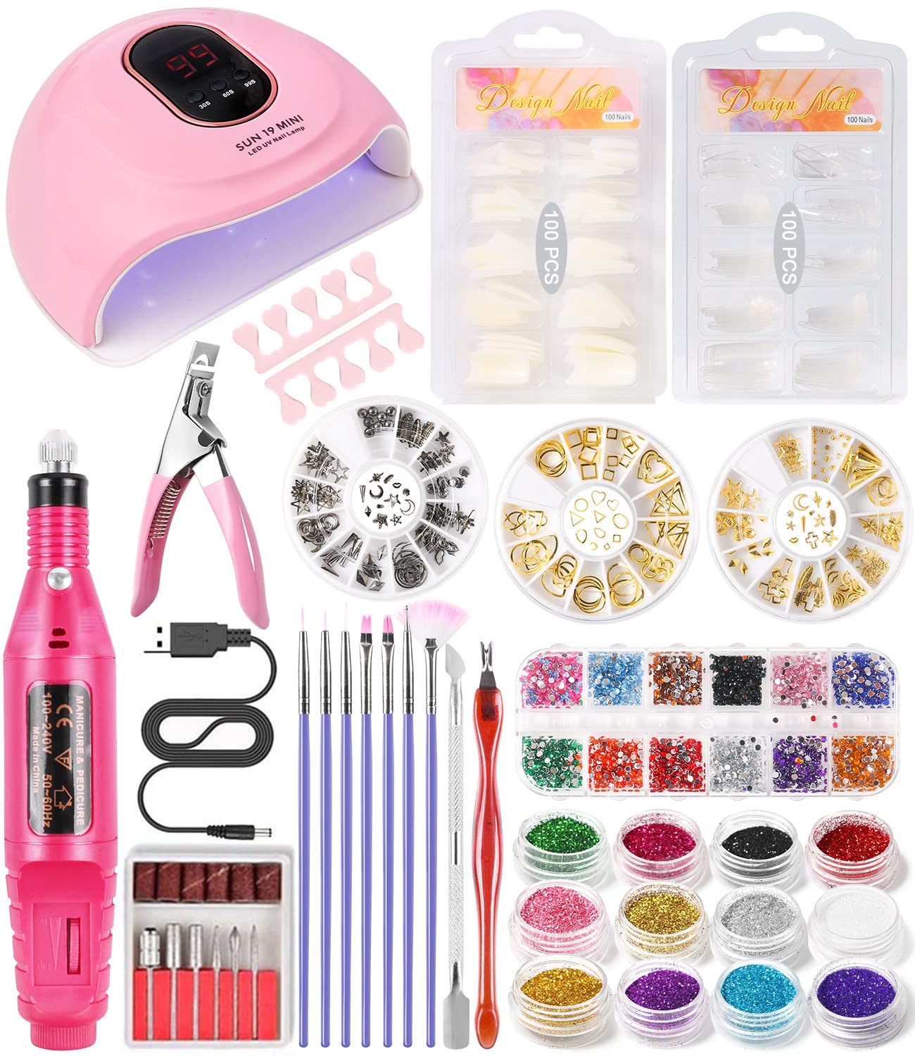 DouborQ Nail Kit with Electric Nail Drill UV LED Nail Lamp,72W U V Nail Dryer Light Manicure Pen Polishing Tools, False Nail Tips Starter Set Acrylic Nail Art Supplies for Beginner with Everything