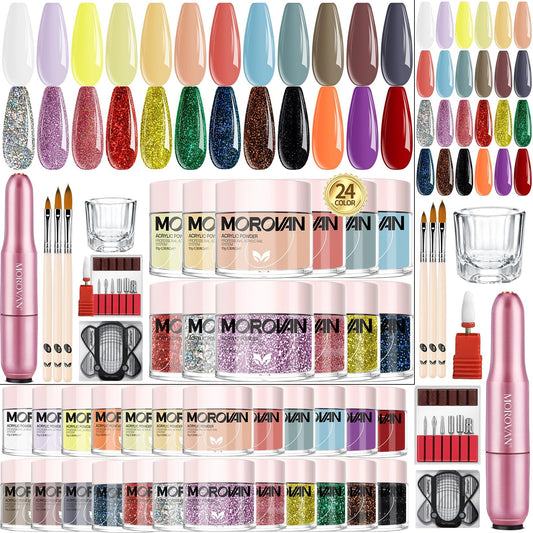Morovan Acrylic Nail Kit with Drill: 24 Colors Acrylic Nail Powder Set Professional Acrylic Nail Supplies Glitter Acrylic Powder in Acrylic Nail Set Acrylic is suitable for nail lovers as well as Beg