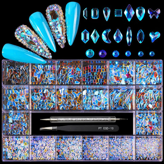 Yzzseven 12 Types of 600 Diamonds +2500 Flat Rhinestones Mix 20 Styles Flatback Rhinestone Crystals 3D Decorations Flat Back Stones Gems Set for for Nail Art DIY|(Aurora)