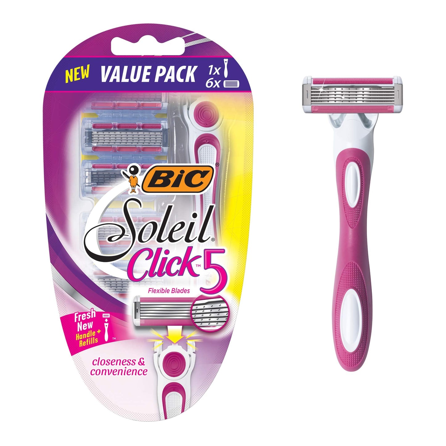 BIC Click 5 Soleil Women's Disposable Razors, 5 Blades With a Moisture Strip For a Smoother Shave, 1 Handle and 6 Cartridges, 7 Piece Razor Set