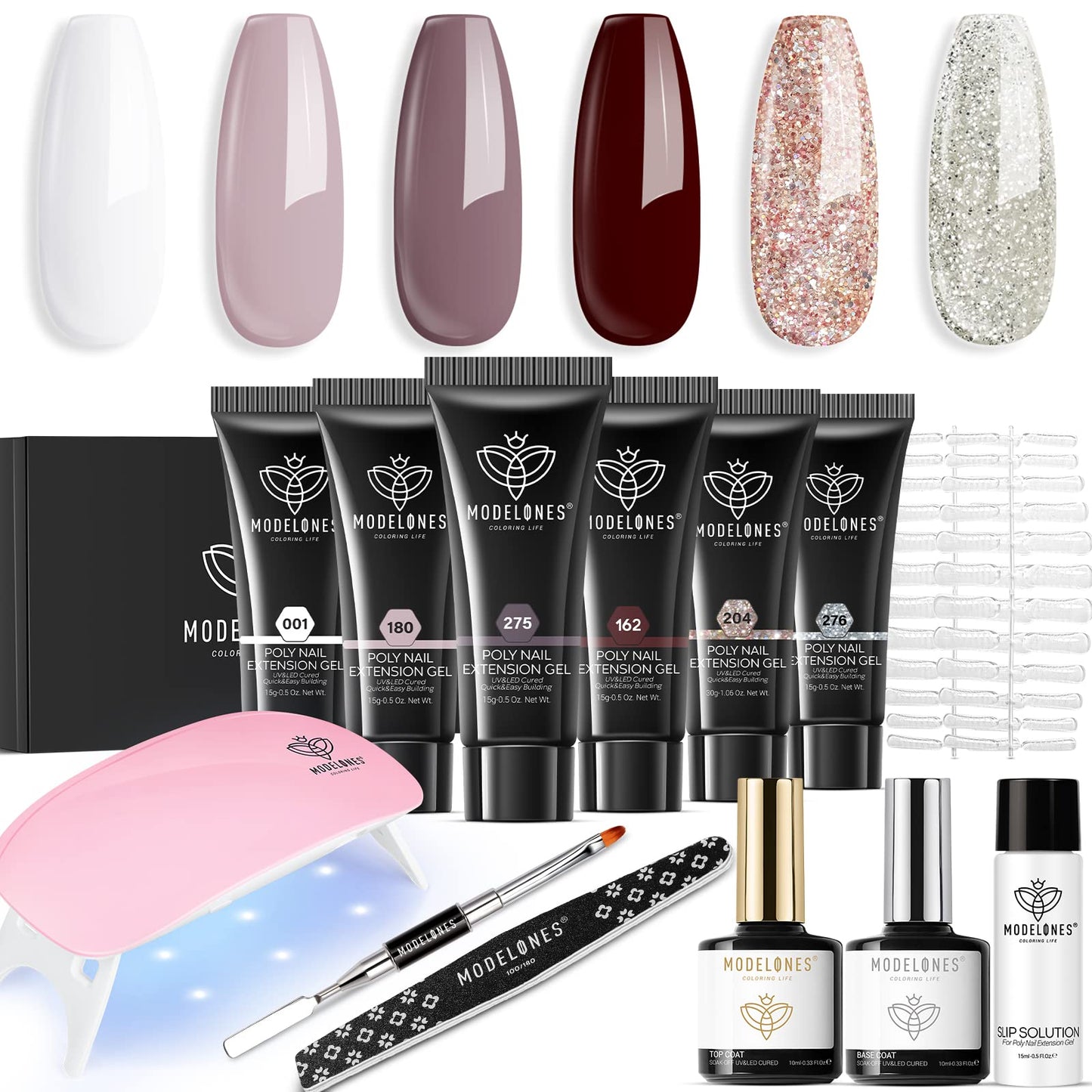 Modelones Poly Gel Nail Kit with Nail Lamp Starter Kit – 6 Colors Burgundy Red Brown Gold Builder Nail Extension Gel All in One Kit DIY at Home Women Gifts