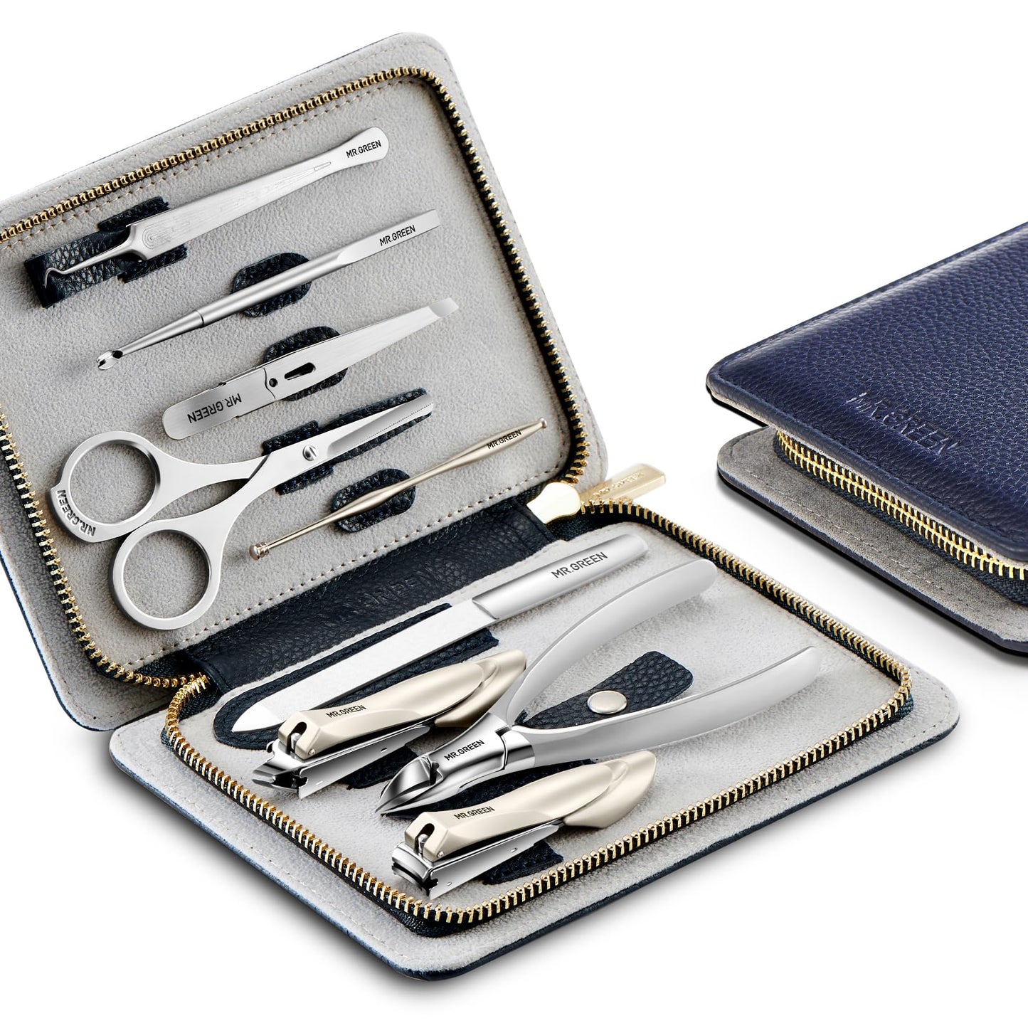 MR.GREEN Innate Luxury Manicure Set Surgical Grade Scissors Stainless nail clipper Kit full grain cow leather package Pedicure (9 in 1 Manicure Set)