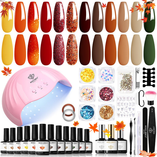 Modelones 35 PCS Fall Gel Nail Polish Kit with 48W U V light-12 Colors Gold Orange Brown Yellow Gel Nail Polish Set, Glossy & Matte Base Top Coat/Manicure Tools/Nail Art Decorations/ DIY at Home Gift