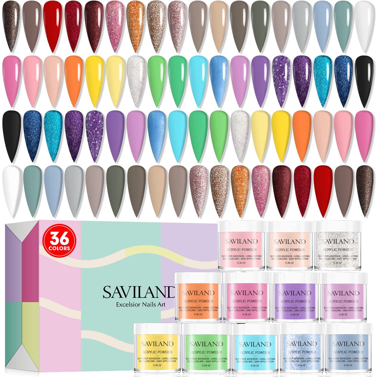 Saviland Acrylic Powder Set - 36 Colors Acrylic Powder for Nails Pigmented Easy to Use Acrylic Nail Powder Set for Beginners Nail Extension Nail Carving Home DIY & Nail Salon No Nail Lamp Needed