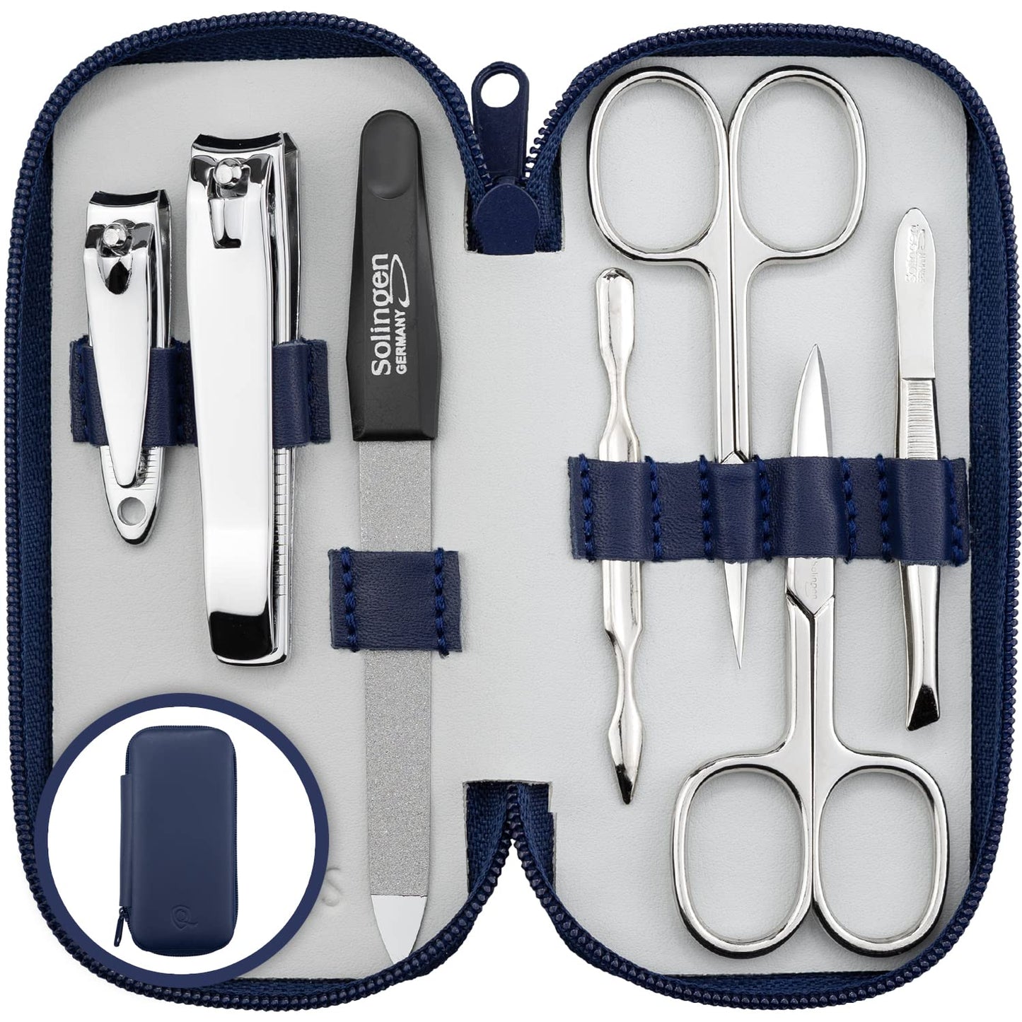 marQus Manicure Set Solingen Made in Germany - 7 piece stainless steel exclusive finger & toe nail clippers set in real leather case, made in Solingen Germany* (except for clippers)