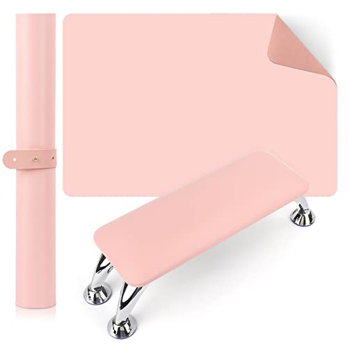 Nail Arm Rest for Acrylic Nails with Nail Table Mat, Microfiber Leather Nail Hand Rest Cushion for Nails, Soft Hand Pillow Footstool with Foldable Nail Art Hand Rest Pad for Nail Tech Use (Pink)