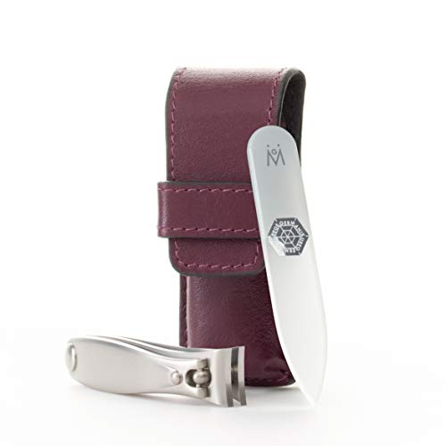 GERMANIKURE Nail Clipper and Glass Nail File Set in Purple Leather Case - Made in Solingen Germany of FINOX Stainless Steel, Glass Nail Care Supplies Made in Czech Republic