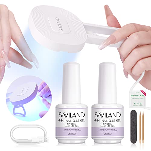 SAVILAND U V LED Nail Lamp – Nail Curing Dryer For XL Extra Long Nail Tips 2*15ML Multifunction Gel Nail Glue & Innovation U V Nail Light for Nails Extension Home Salon Nail Art